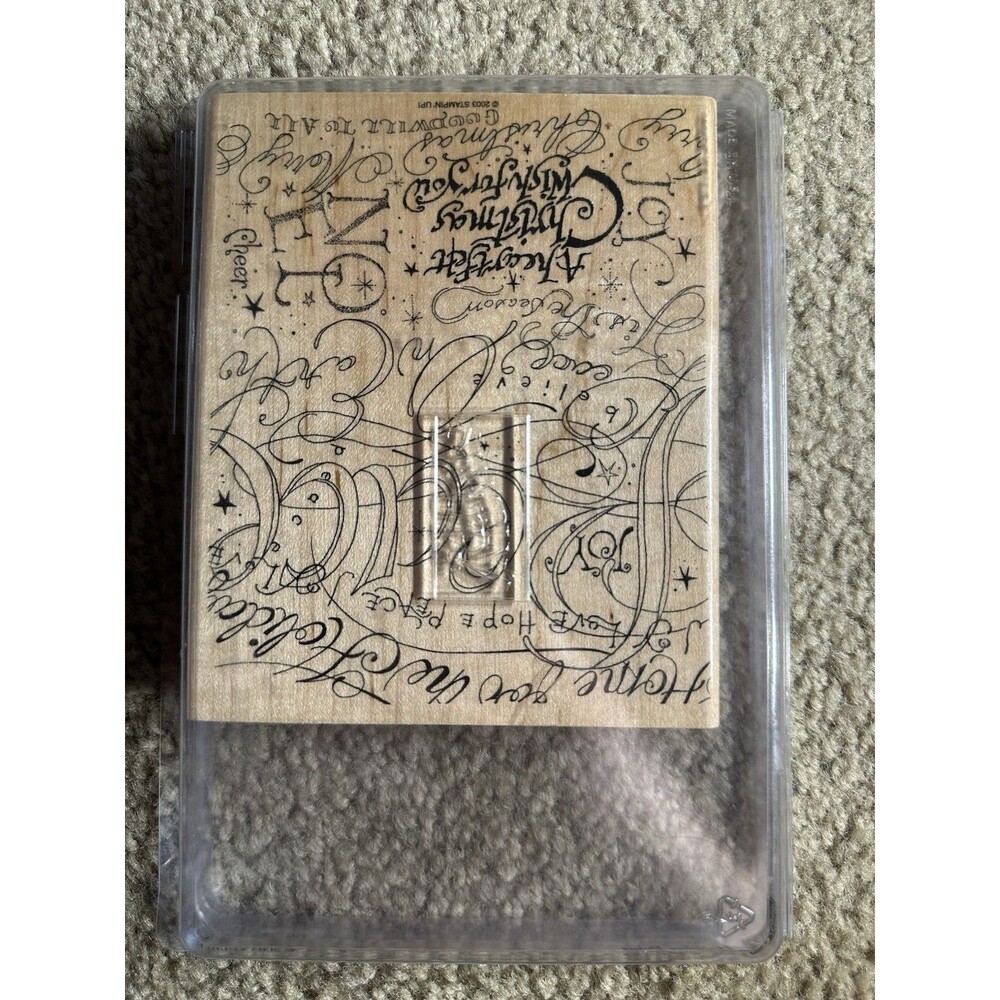 2003 HOLIDAY PRINT CHRISTMAS GREETING STAMPIN UP RUBBER STAMP WOOD MOUNTED XXL